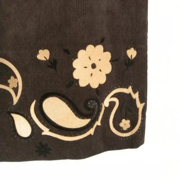 Grace Elements Brown Corduroy Pencil Skirt Beige Floral Accents Women size 10 - Picture 3 of 6